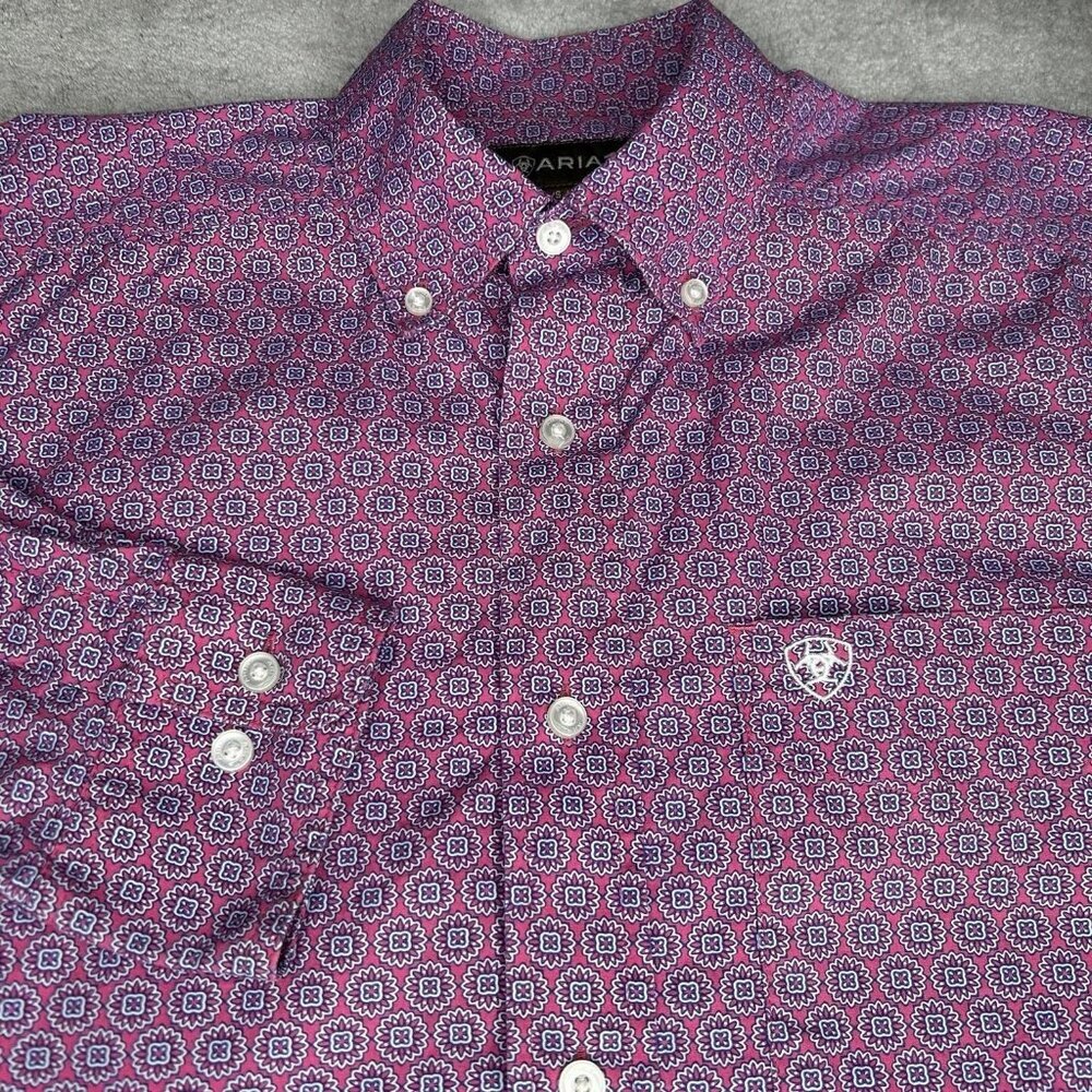 Ariat Western Shirt Mens Small Pink Caidan Print Floral Cotton Button Down Logo